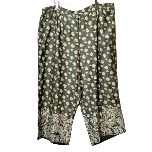 Islander Women's Sz 24W Green Tropical Paisley Cropped Pants Green Elastic Waist - Picture 1 of 4